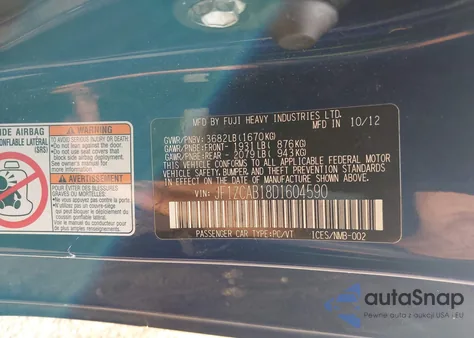 2013 Subaru Brz Premium z USA, uszkodzony, nr VIN JF1ZCAB18D1604590